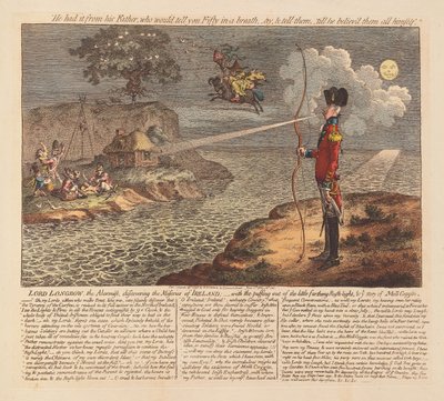 Lord Longbow, de Alarmist, ontdekt de Ellende van Ierland, uitgegeven 1798 (handgekleurde gravure) door James Gillray