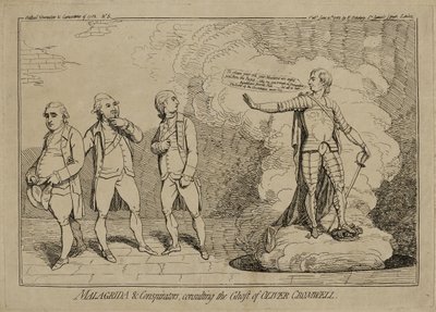Malagrida en samenzweerders, raadplegen de geest van Oliver Cromwell, gepubliceerd 10 juni 1782 (ets op laid papier ingelegd op wove papier) door James Gillray