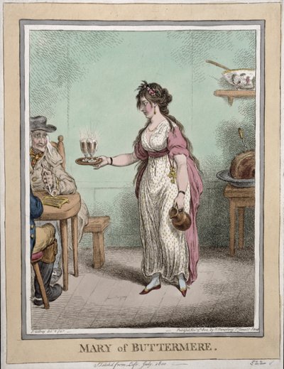 Mary van Buttermere, geschetst naar het leven in juli 1800, gepubliceerd door Hannah Humphrey in 1802 door James Gillray