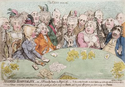 Moderne gastvrijheid, of een vriendelijke partij in het hoge leven, gepubliceerd door Hannah Humphrey in 1792 door James Gillray