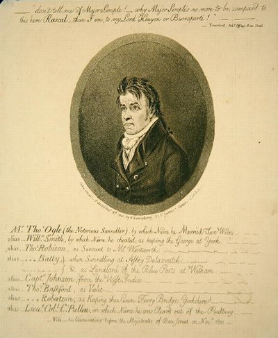 Mr. Thomas Ogle, de beruchte oplichter, uitgegeven door Hannah Humphrey door James Gillray