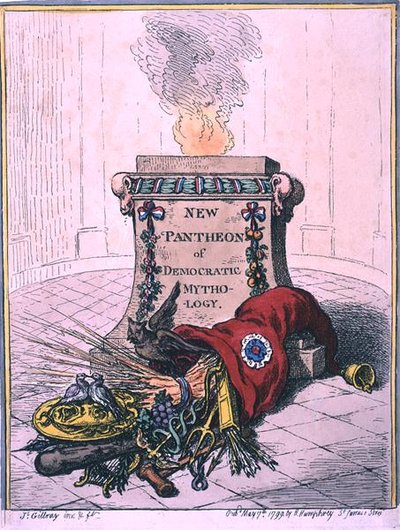 Nieuw Pantheon van Democratische Mythologie, gepubliceerd door Hannah Humphrey in 1799 (handgekleurde ets) door James Gillray