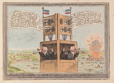 Oppositie telegrafen, of de kleine helderziende advocaat die een waar patriottisch voorbeeld geeft, uitgegeven 1798 door James Gillray