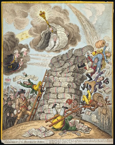 Omverwerping van de Republikeinse Babel, gepubliceerd door Hannah Humphrey in 1809 door James Gillray
