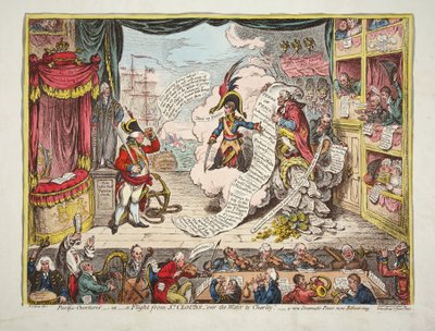 Pacific-Overtured, - of- een vlucht van St Clouds- over het water naar Charlet. - een nieuw dramatisch stuk nu gerepeteerd, pub. 1806 (handgekleurde gravure) door James Gillray