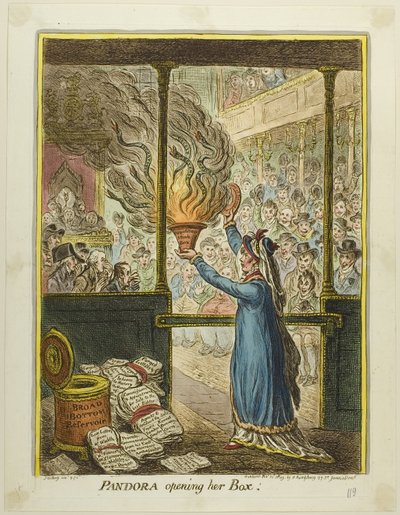 Pandora opent haar doos door James Gillray