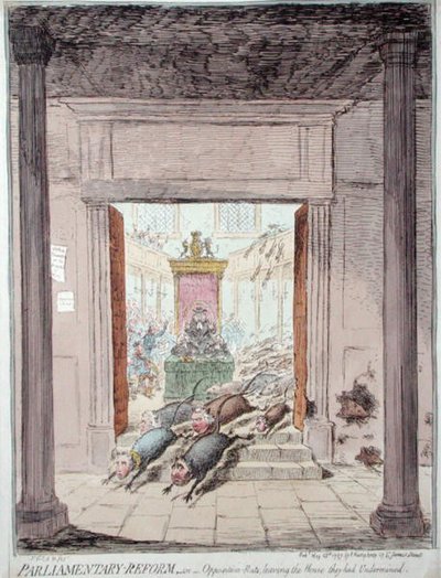 Parlementaire hervorming, of oppositieratten die het huis verlaten dat ze ondermijnd hebben door James Gillray