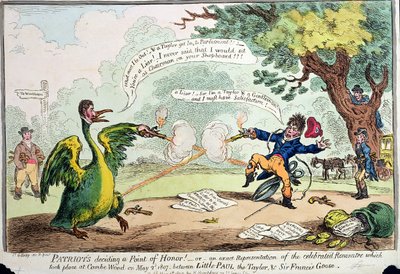 Patriotten beslissen een erekwestie! of Een exacte weergave van de ontmoeting die plaatsvond in Coombe Wood op 2 mei 1807 tussen Little Paul de kleermaker en Sir Francis Goose, gepubliceerd door Hannah door James Gillray