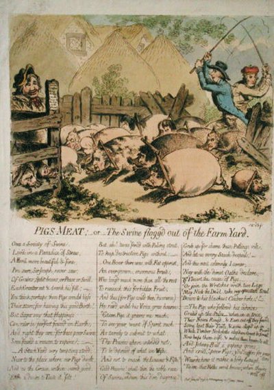 Varkensvlees, of de zwijnen uit de boerderij gejaagd door James Gillray