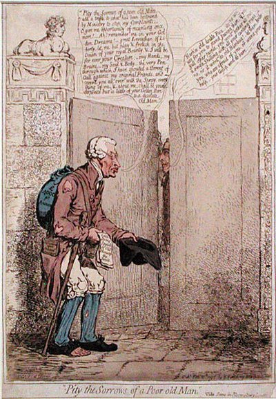 Heb medelijden met de zorgen van een arme oude man door James Gillray