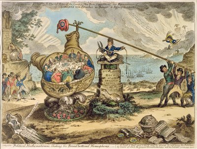 Politieke Wiskundigen die de Breedbodemige Hemisfeer Schudden, gepubliceerd door Hannah Humphrey in 1807 door James Gillray