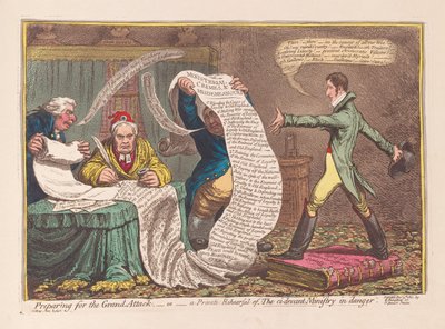Voorbereiding voor de Grote Aanval, of een Privé Repetitie van Het voormalige Ministerie in Gevaar door James Gillray