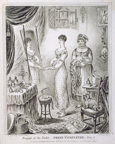 Voortgang van het toilet, of jurk voltooid, gepubliceerd door Hannah Humphrey in 1810 door James Gillray