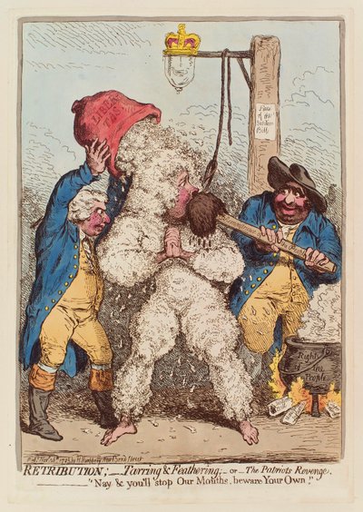Vergelding: Teer en veren, of De wraak van de patriot, pub. 1795 door James Gillray