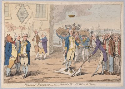 Rodney triomfantelijk of admiraal LeeShore in de put door James Gillray