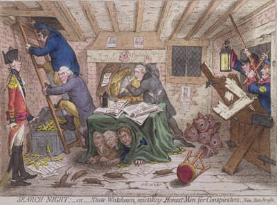 Zoeknacht, of De Staatswachters die Eerlijke Mannen voor Samenzweerders Aanzien, gepubliceerd door Hannah Humphrey in 1798 door James Gillray