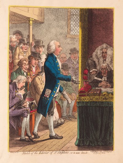 Schets van het interieur van St. Stephens, zoals het nu staat, uitgegeven 1802 door James Gillray
