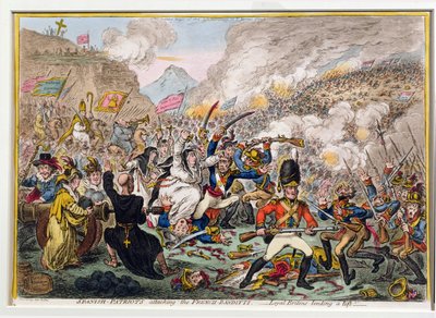 Spaanse patriotten vallen de Franse bandieten aan, uitgegeven door Hannah Humphrey in 1808 door James Gillray