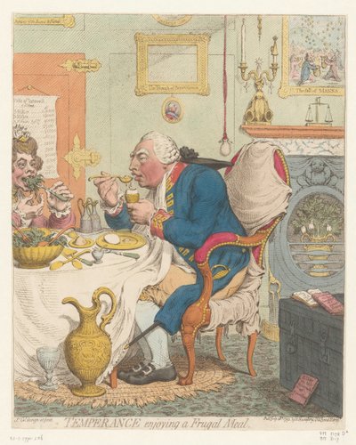 Spotprent op George III, 1792 (title on object: Temperance enjoying a Frugal Meal) door James Gillray