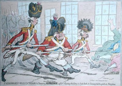 Vrijwilligers van St. George die Bond Street aanvallen, na het opruimen van de ring in Hyde Park en het bestormen van de mesthoop in Marybone door James Gillray