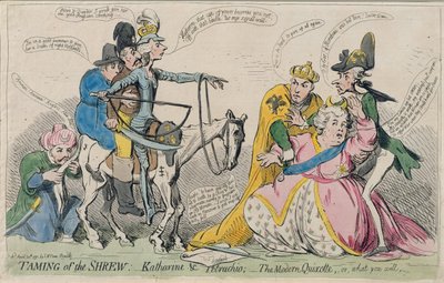 Het temmen van de feeks: Katherine en Petruchio, of De moderne Quixote, uitgegeven door S.W. Fores in 1791 door James Gillray