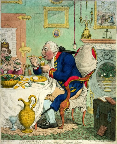 Matigheid geniet van een sobere maaltijd, uitgegeven door Hannah Humphrey, 1792 door James Gillray