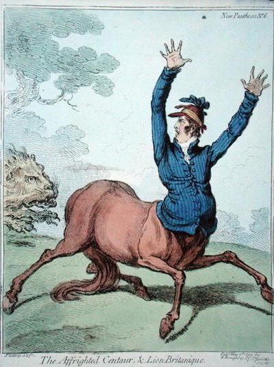 De verschrikte centaur en de Britse leeuw, uitgegeven door Hannah Humphrey in 1799 door James Gillray