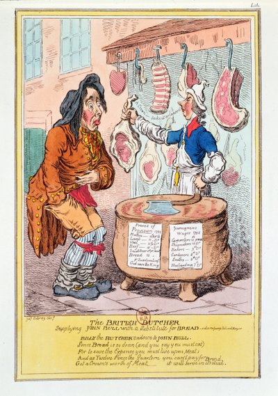 De Britse Slager die John Bull een Vervanger voor Brood Levert, 1795 door James Gillray