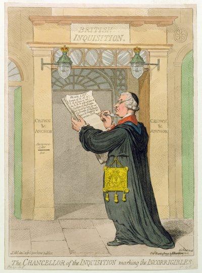 De kanselier van de inquisitie markeert de onverbeterlijken, uitgegeven door Hannah Humphrey in 1793 door James Gillray