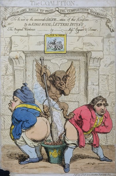 De coalitie, gepubliceerd door G. Humphrey in 1783 door James Gillray