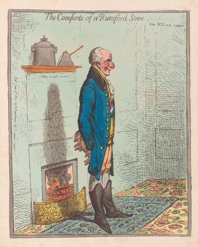 Het comfort van een Rumford-kachel, uitgegeven 1800 (handgekleurde gravure) door James Gillray