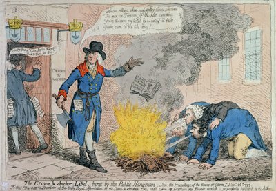 De Crown und Anchor laster verbrand door de openbare beul, uitgegeven door Hannah Humphrey in 1795 door James Gillray