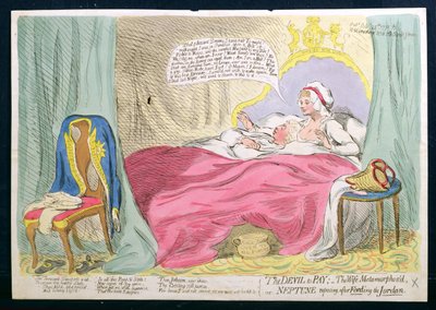 De duivel te betalen: De vrouw getransformeerd, of Neptunus rustend na het doorwaden van de Jordaan, gepubliceerd door Hannah Humphrey in 1791 door James Gillray