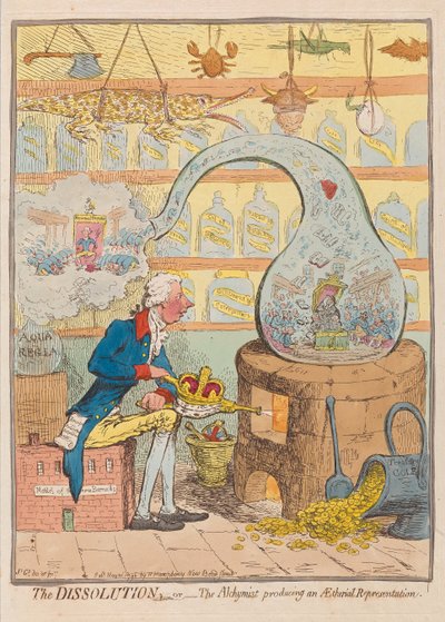 De ontbinding of de alchemist die een etherische voorstelling produceert, uitgegeven 1796 door James Gillray