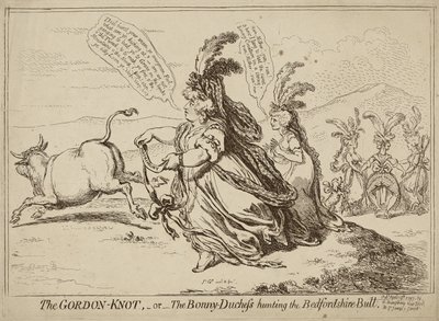 De Gordon-knoop of De Bonny-Hertogin die de Bedfordshire-stier jaagt, gepubliceerd op 29 april 1797 (ets op papier) door James Gillray