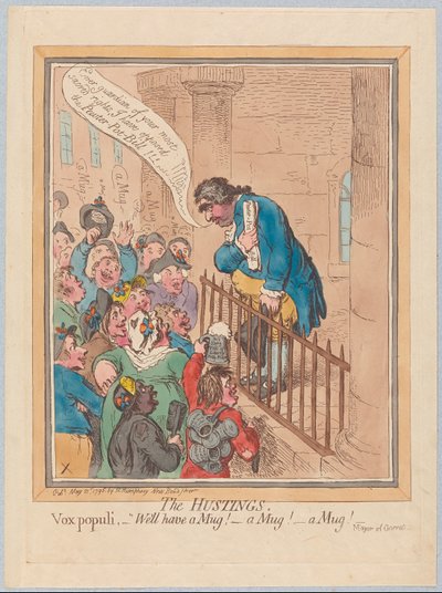 De verkiezingsbijeenkomst. Vox Populi Well have a Mug! A Mug! A Mug!, uitgegeven 1796 door James Gillray