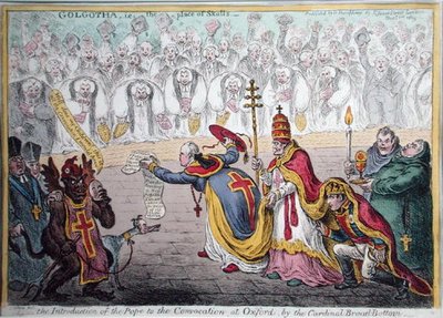 De introductie van de paus bij de convocatie in Oxford door de kardinaal Broad-Bottom, uitgegeven door Hannah Humphrey in 1809 door James Gillray