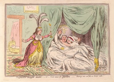 De Jersey-smokkelaar betrapt, of goede reden voor scheiding, huwelijksgeloften zijn vals als dobbelsteeneden, uitgegeven 1796 door James Gillray