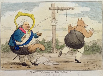 De ketel die de papketel uitlacht, uitgegeven door P.J. Leatherhead in 1782 door James Gillray