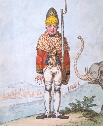 De Leadenhall vrijwilliger, gekleed in zijn sjaal, gepubliceerd door Hannah Humphrey in 1797 door James Gillray