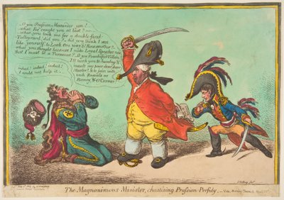 De Grootmoedige Minister, die Pruisische Trouweloosheid Straft, uitgegeven 1806 door James Gillray