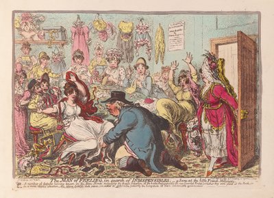 De Man van Gevoel op zoek naar Onmisbaren; een scène bij de kleine Franse Modistes, uitgegeven 1800 door James Gillray