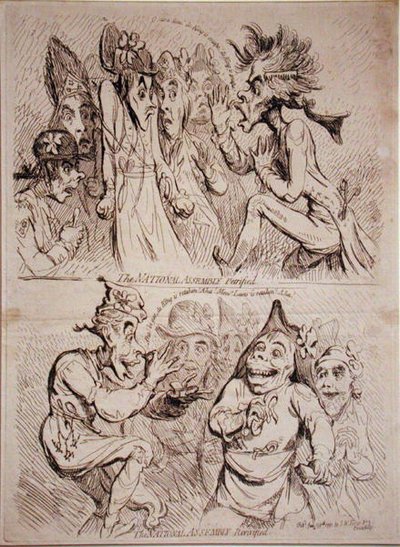 De Nationale Vergadering versteend, en De Nationale Vergadering herleefd, uitgegeven door S.W. Fores in 1791 door James Gillray