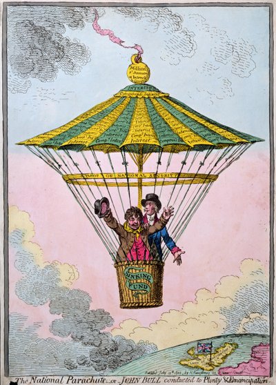 De Nationale Parachute, of John Bull geleid naar Overvloed en Emancipatie, gepubliceerd door Hannah Humphrey door James Gillray