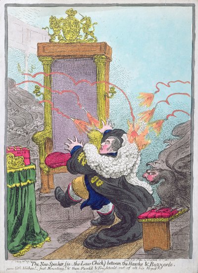 De nieuwe spreker (d.w.z. de wet-kuiken) tussen de haviken en de buizerds, gepubliceerd door Hannah Humphrey in 1800 door James Gillray