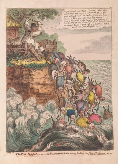De bezeten varkens: of het breedbodemige nest dat zich halsoverkop in de zee van verderf stort, uitgegeven 1807 door James Gillray