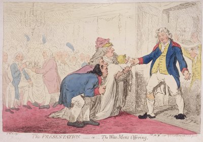 De Presentatie, of het Aanbod van de Wijzen, gepubliceerd door Hannah Humphrey door James Gillray