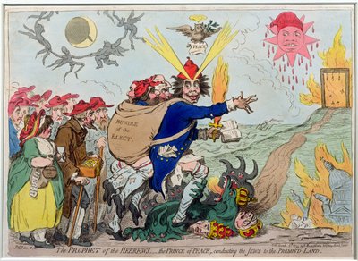 De Profeet van de Hebreeën: de Vredevorst die de Joden naar het Beloofde Land leidt, gepubliceerd door Hannah Humphrey in 1795 (handgekleurde ets) door James Gillray