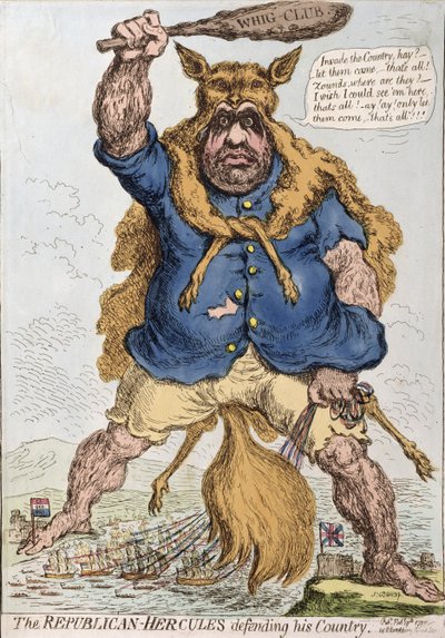 De Republikeinse-Hercules Verdedigt zijn Land, gepubliceerd door Hannah Humphrey in 1797 door James Gillray