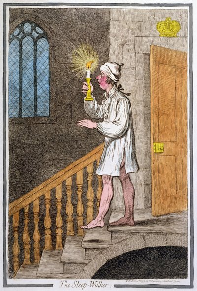 De Slaapwandelaar, uitgegeven door Hannah Humphrey in 1795 (handgekleurde ets) door James Gillray